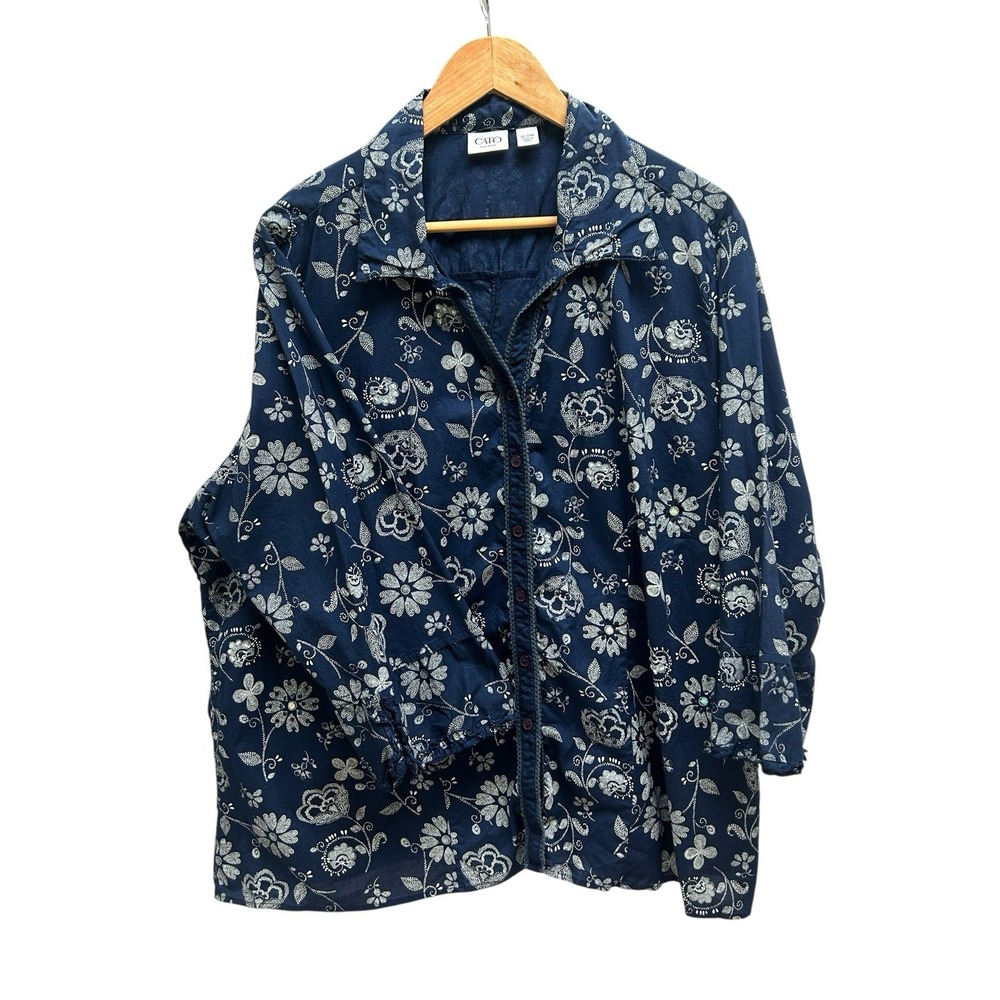 Cato Woman 22-24W Navy Blue Floral Bling Top 3/4 Sleeve‎ Plus Size Blouse